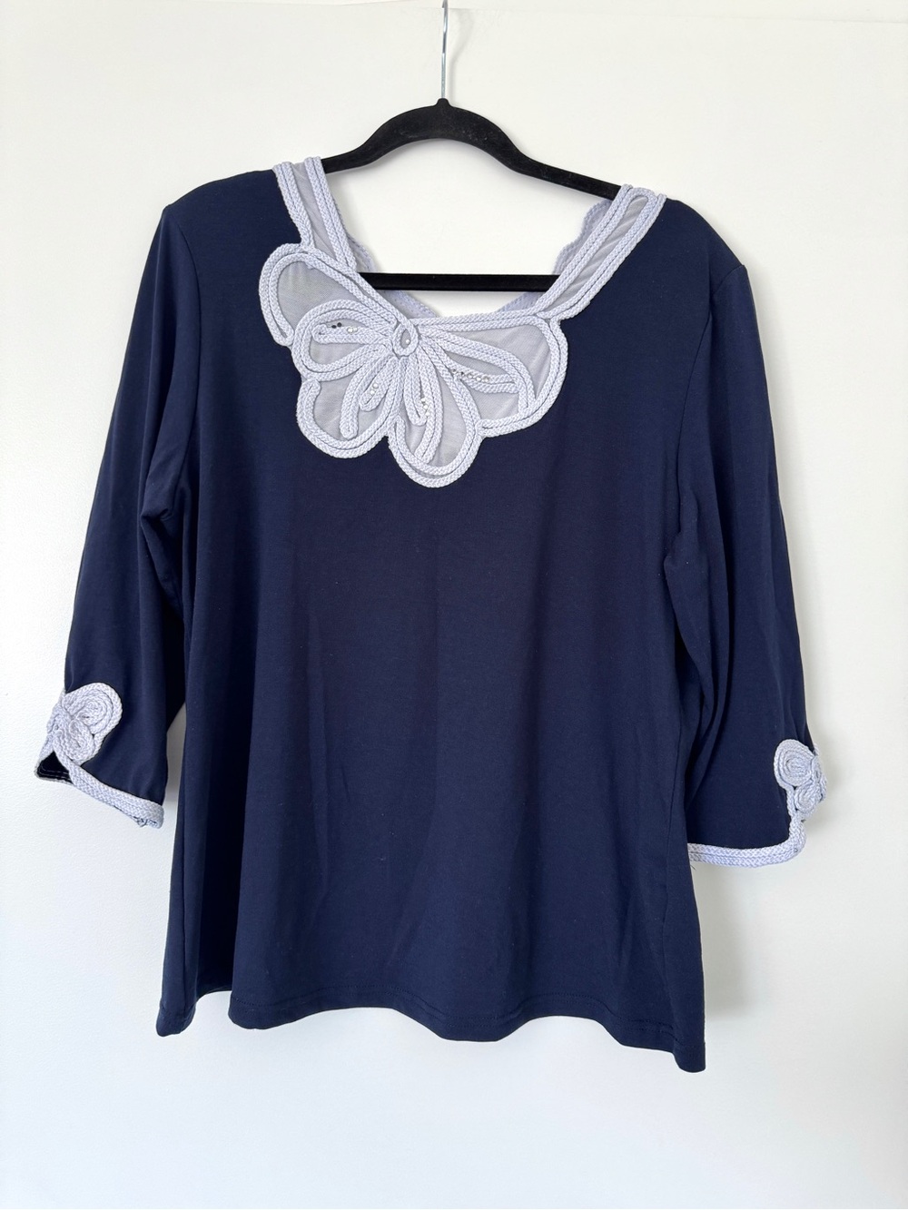 Meitela Navy Blue Embroidered Scoop Neck Top, Size XL